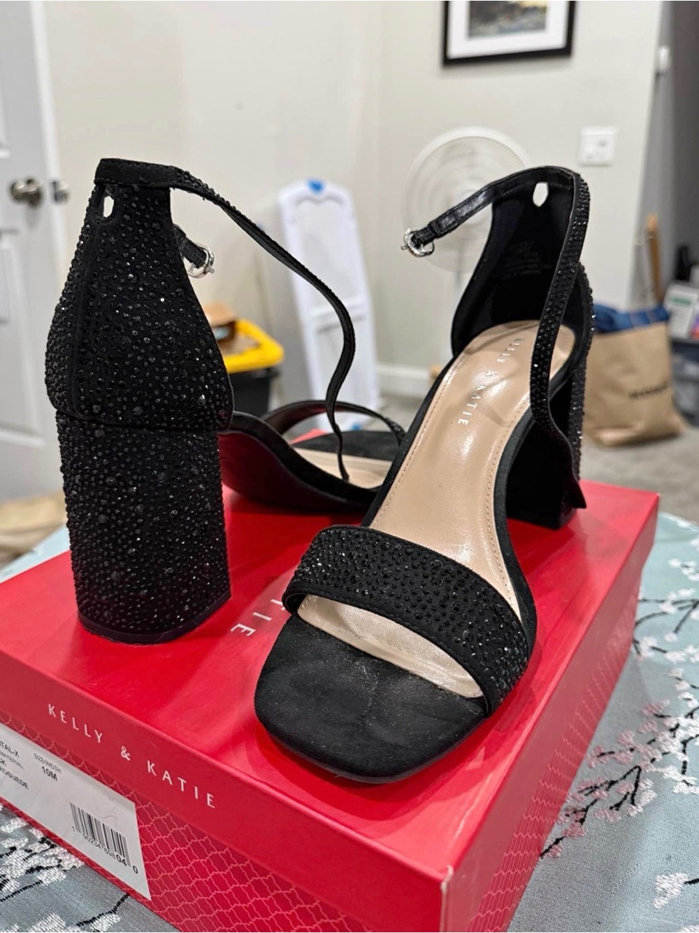 Kelly & Katie Black Crystal-Embellished Block Heel Sandals